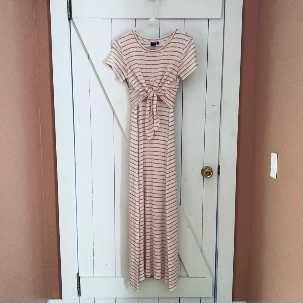Boho Flowy Maxi Dress Sweater Dress Front Tie Stripes Striped Short Sleeve